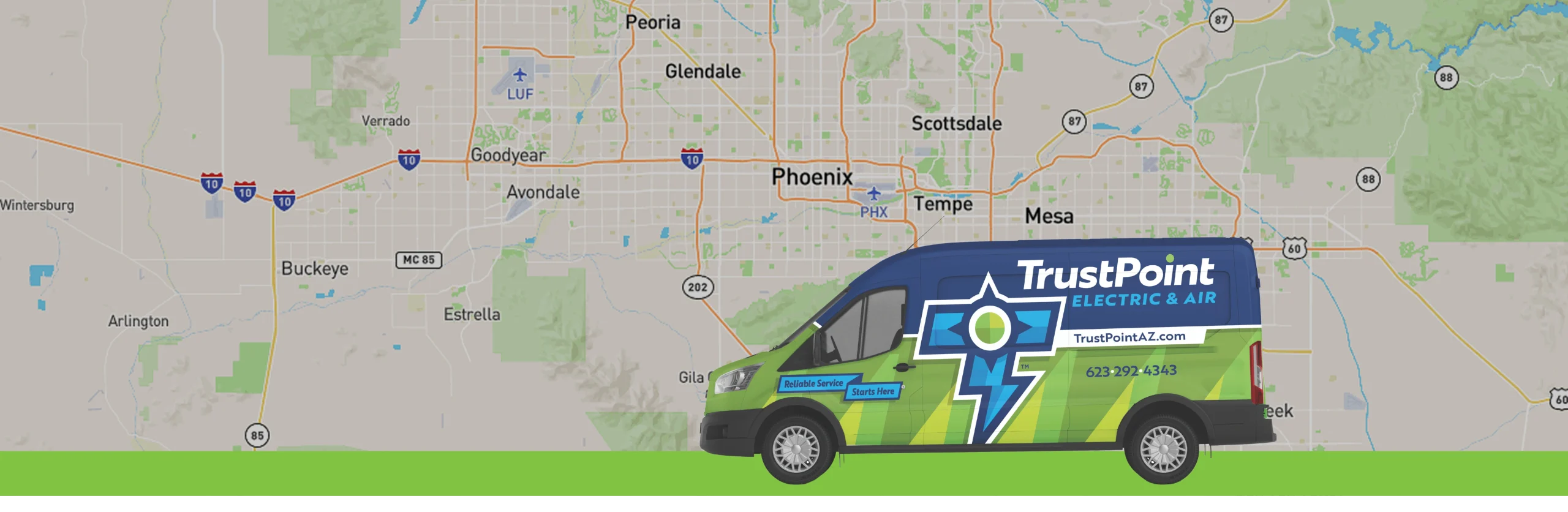 Decorative background border element - service van with service area map of arizona Trust Point Electric